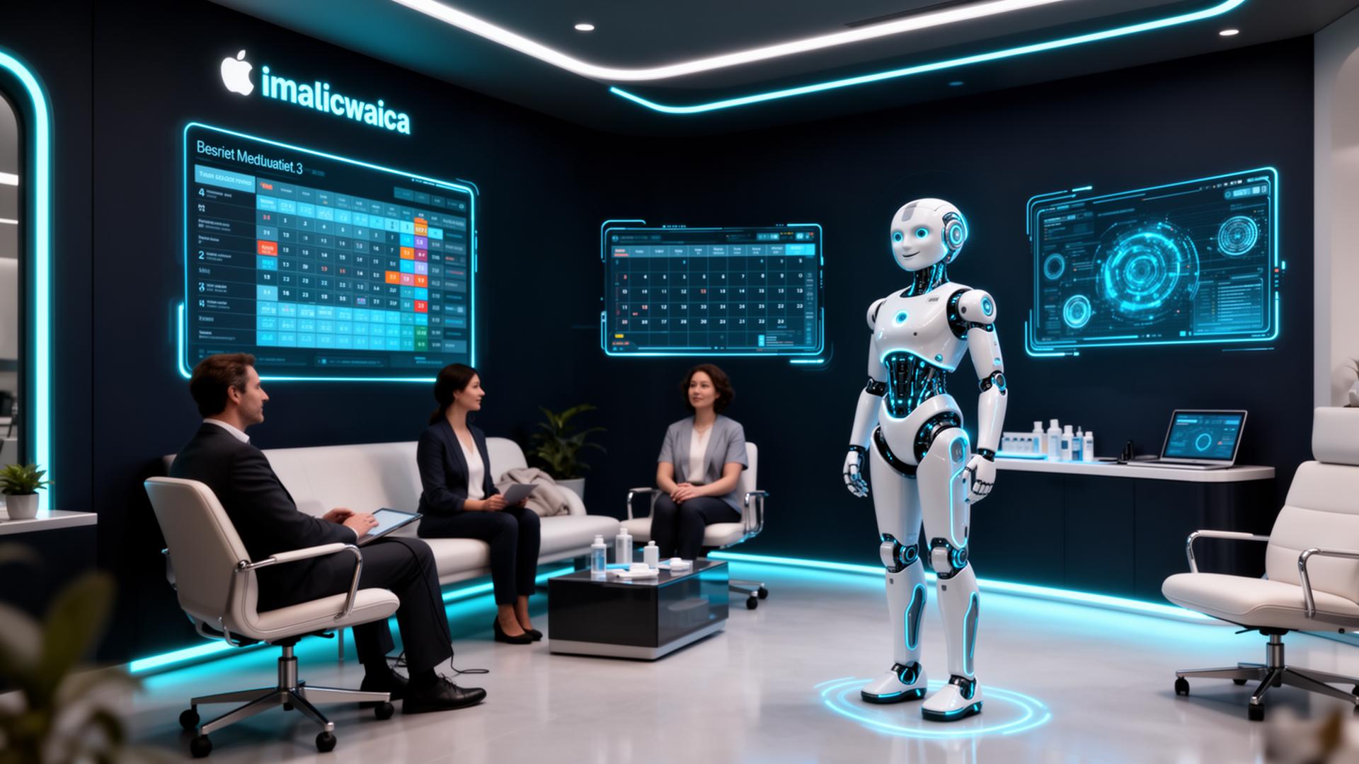 IA atendendo pacientes em clínica futurista com agenda holográfica