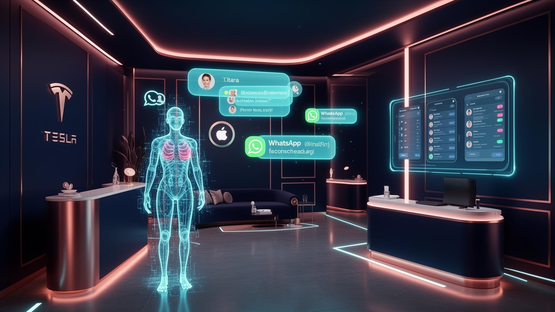 Clínica de estética premium com IA concierge e chats holográficos do WhatsApp e Instagram